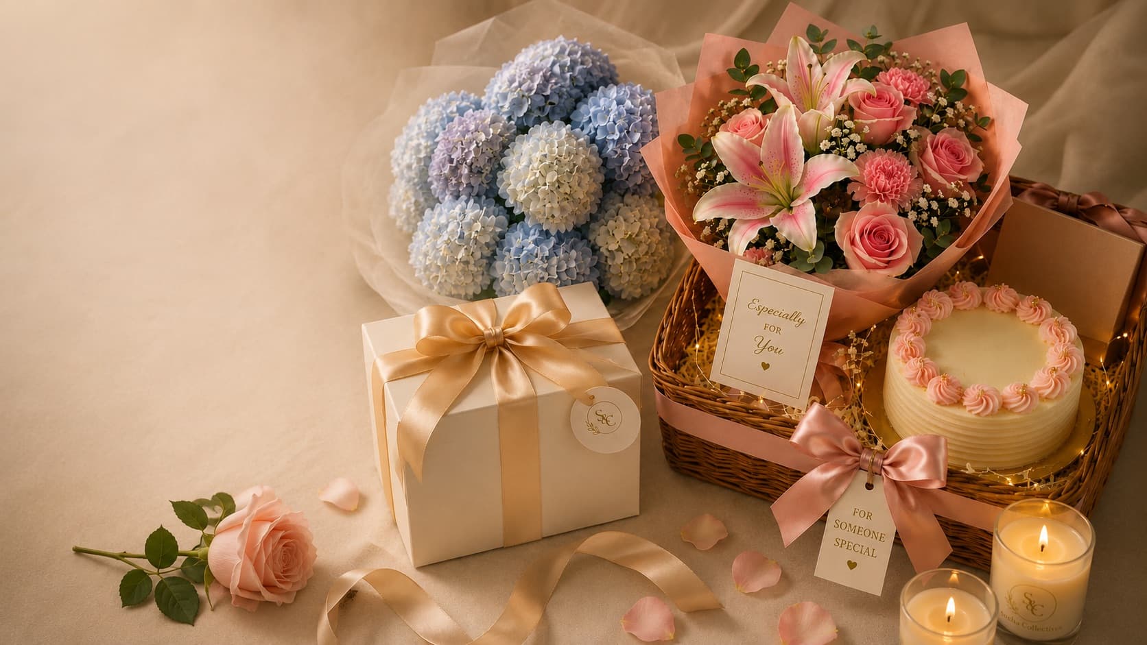 A Sneha Collective gift hamper with a lily and rose bouquet, a ribboned gift box, a frosted cake and candles